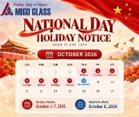 MIGO Glass 2026 Kiinan kansallispäivän lomailmoitus